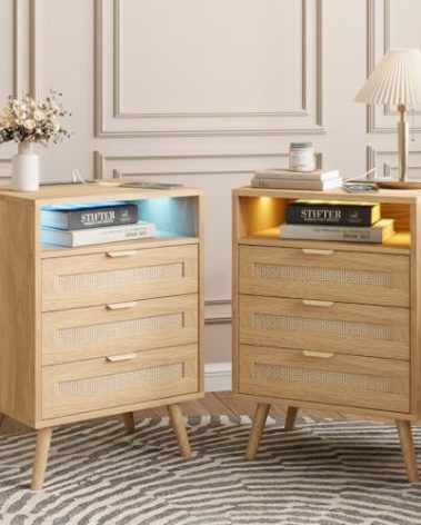 Halitaa Rattan Nightstand Set of 2 with Charging Station and Led Lights and 3 Drawers, Boho Night Stand Set 2, Bedside Table Bed Side Table Sofa Table, End Tables Living Room,Bedroom(2 Pack)
