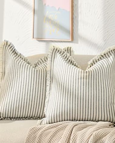 ZWJD Throw Pillow Covers 24x24 Set of 2 Striped Pillow Covers with Fringe Chic Cotton Decorative Pillows Square Cushion Covers for Sofa Couch Bed Living Room Farmhouse Decor