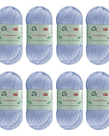 8 Skeins Crochet Knitting Yarn 70% Rayon derived from Bamboo, 30% Cotton Superfine Fingering Weight Sunny Cat Cotonnio Imported (Baby Blue)