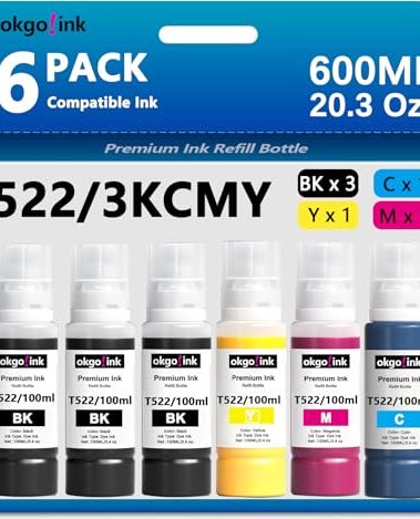 Compatible ET-2800 ET-4800 ET-2400 ET-2803 Ink Refill Bottles (20.3 Fl Oz) Replacement for Compatible Eco Tank ET-2720 ET-2840 ET-4700 ET4800 ET-4810 Printer (6 Pack, 600ml) Black Color