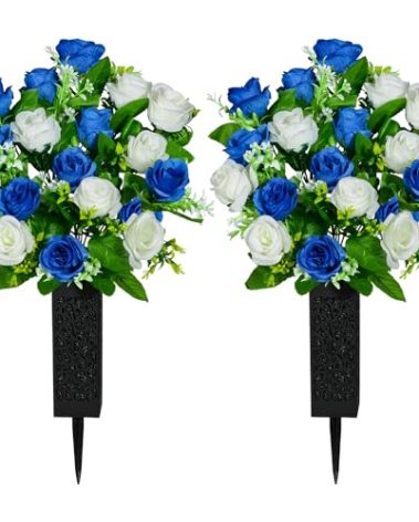 Kukooka Artificial Cemetery Flowers, Set of 2 Grave Memorial Flowers with Vase, Artificial Rose Bouquet for Cemetery Headstones Gravesites Decoration (Dark Blue & White)