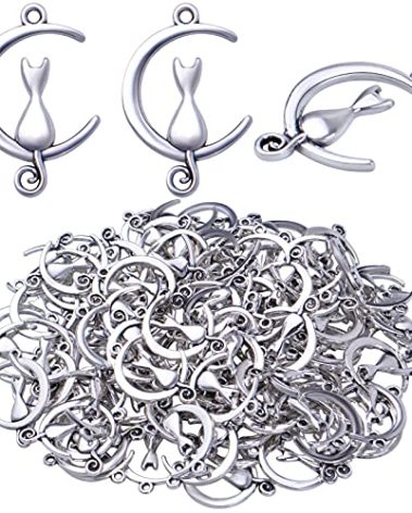 100pcs Antique Silver Cat in The Moon Charms Alloy Celestial Pendants Craft Supplies for DIY Earrings Necklace Bracelet Jewelry Making Christmas Birthday Party Gifts, 21 mm x 14 mm
