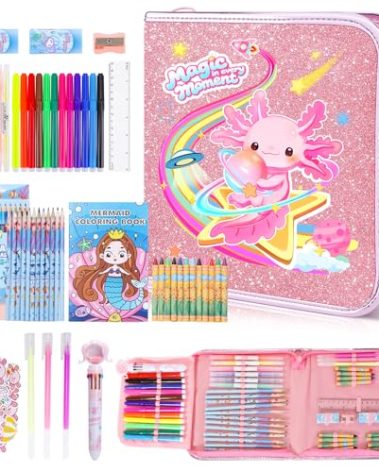 72PCS Fruit Scented Markers Set - Art Coloring Drawing Kits for Kids with Axolotl Pencil Case, Art Supplies for Kids Ages 4 6 8,Stationary Set Pencil,Crayon&Markers Stuff,Birthday Gifts Toys for Girls