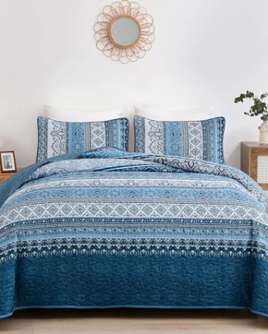 WONGS BEDDING Boho Quilt Set California King, Blue Bohemian Striped Pattern Quilts Bedspread Set for All Season, Soft Microfiber Coverlet Bedding Set 106"x96"(3 Pieces, Cal King)