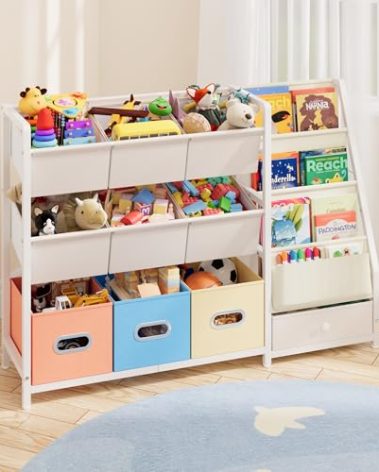 HAVLOTII Toy Storage Organizer - Kids Bookshelf and Toy Storage with 3 Book Shelf and 10 Storage Bins, Montessori Playroom Storage for Toddler, Baby, Book Shelf for Kids Rooms