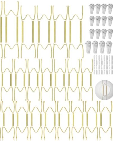 24 Pieces Plate Hangers for Wall - 6/8/10/12 Inch Invisible Wall Plate Hangers, Stainless Steel Plate Wall Hangers with 24 Pieces Wall Hooks for 5.5 to 12.5 Inch Decorative Plates and Arts (Gold)