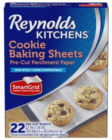 Reynolds Kitchens Cookie Baking Sheets, Pre-Cut Baking Parchment Paper Sheets for Cookies, Oven-Safe up to 425 Degrees, Reusable Up to 3X, No-Mess Cleanup, 12 in x 16 in, 22 Count