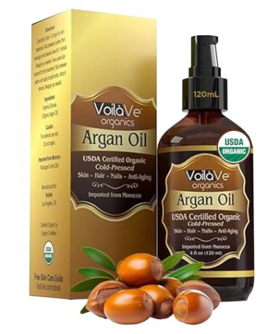 VoilaVe USDA and ECOCERT 100% Pure Organic Moroccan Argan Oil for Skin, Nails & Hair Growth, Anti-Aging Face Moisturizer, Cold Pressed, Hair Moisturizer, Rich in Vitamin E, As Seen On TV - 4 fl oz
