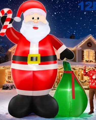 12 Ft by 7.6 Ft Giant Christmas Inflatables Decorations Outdoor Santa Claus with Gift Bag with LED Light for Christmas Blow Up Yard Decor for Lawn Garden Party Holiday Xmas Decorations Cute Fun