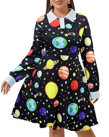 Laqeyko Women Plus Size Teacher Dress Peter Pan Collar Science School Costume Galaxy Space Planet Halloween Dress Black LA246-3-2XL