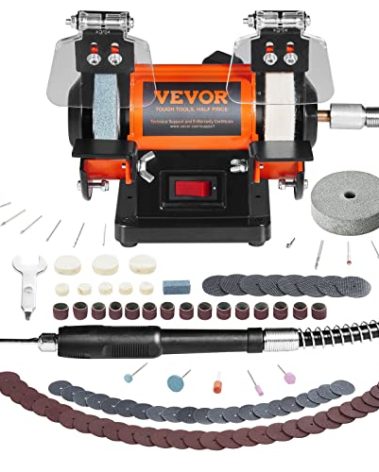 VEVOR Bench Buffer Polisher, Bench Buffer Grinder Polishing & Buffing Machine for Metal/Jewelry/Wood/Jade/Plastic/Silver DIY, with Wool/Abrasive Fiber Wheel/Grinding Wheel,100pcs Tools, 3590RPM