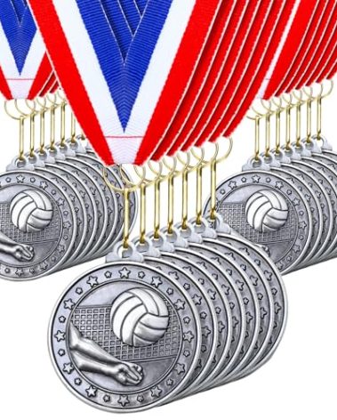 Remuuly 30 Pcs Silver Medals Bulk 2'' Basketball Soccer Volleyball Hockey Medals for Awards Metal Trophy with Neck Ribbons for Sports Participation Winner Tournaments Gift(Volleyball)