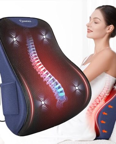 KNQZE Lumbar Support Pillow for Office Chair, Heated Back Support Pillow with Vibration, Back Massage for Pain Relief, at Home Office Car Sofa, 3 Heating Levels & 4 Motors & 3 Intensities, Gifts