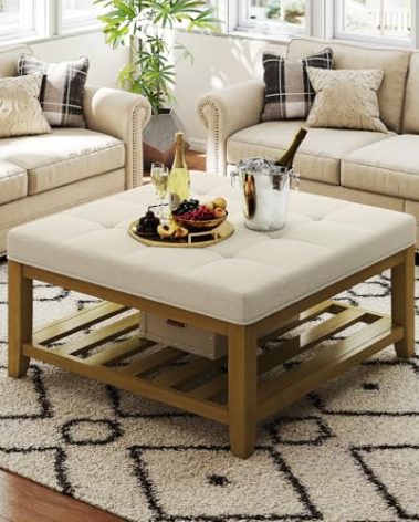 Befurtori Large Square Ottoman Coffee Table, Linen Solid Upholstered Footrest Ottoman with Solid Wood Shelf Storage Tufted Coffee Table for Bedroom Living Room, Ivory