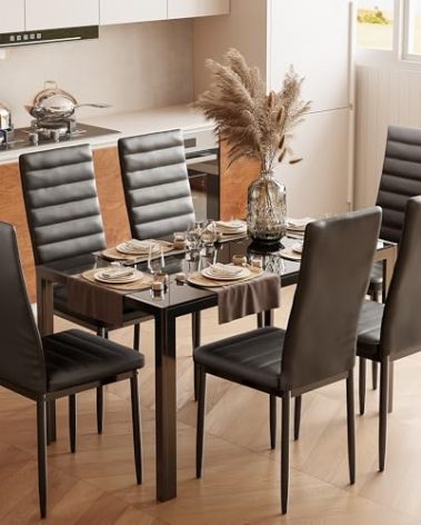 Bealife Kitchen Dining Table Set for 6, Tempered Glass 7 Piece Table and Chairs Set Modern for Home, Kitchen, Living Room, Dining Room,Black