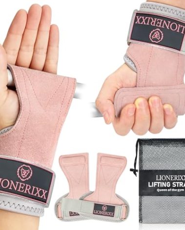 Lionerixx Pink Wrist Straps for Weightlifting Women - Dual Layer Leather Workout Grips for Deadlift and Powerlifting – Non-Slip Hand Wraps for Weight Lifting with Storage Bag