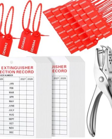 Chunful 101 Pieces Monthly Fire Extinguisher Inspection Tags 2025 to 2028 Maintenance Tags Plastic Tamper Seals Numbered Security with Handheld Hole Puncher(White)