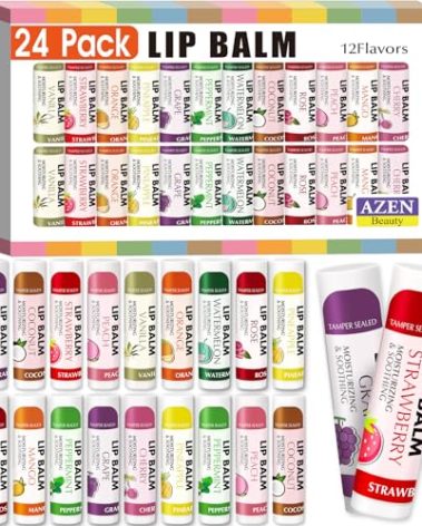 AZEN 24 Pack Lip Balm, Natural Lip Balm Bulk, Lip Care Product, Moisturizing Lip Balms for dry cracked lips - 12 Flavors