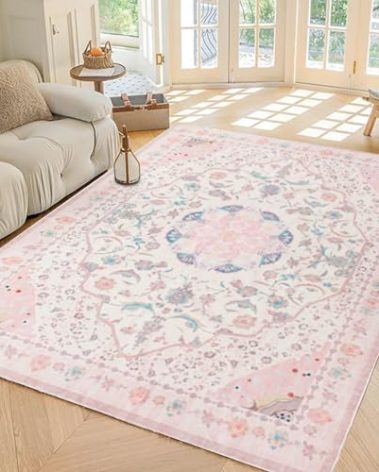 auruge Area Rug - Vintage 5x7 Non-Slip Backing Area Rugs Light Pink Soft Faux Wool Carpet Foldable & Machine Washable Rugs for Living Room Bedroom Dining Room Nursery Home Office