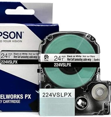 Epson LABELWORKS 224VSLPX Genuine Tape Cartridge - Black on White Flexible and Durable Vinyl Self Laminating Overwrap Industrial Label Maker Tape - 1" (24MM) Wide, 26.2 ft