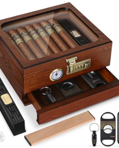 Tesonway Cigar Humidor, Cedar Wood Humidor Cigar Box, Glass Top Desktop Humidor with Front Hygrometer, Humidifier, Divider, Accessories Drawer and Combination Lock, Cigar Gifts for Men (Brown)