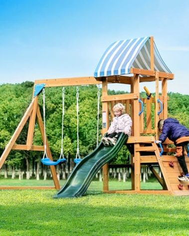 ROBUD Swing Sets for Backyard, Wooden Swing Set, All-in-One Kids Outdoor Play Equipment with Two Swings, Slide, Rock Climbing Wall, Blackboard, Telescope, Fort, Outdoor Playset for Kids & Toddlers