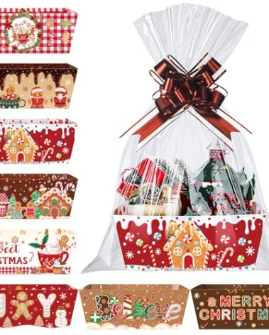 Cholemy 72 Pcs Christmas Gift Baskets Empty to Fill Kit DIY Basket for Gifts Empty Bulk 24 Tray Favor with Handles 24 Bows 24 Clear Basket Bags for Xmas Holiday Birthday (Stylish Style)