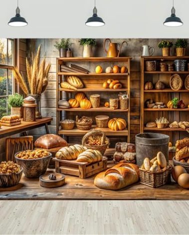 7x5ft Kitchen Backdrop Vintage Bakery Baking Dessert Bread Wooden Cabinet Photography Background Birthday Baby Shower Party Decorations Portraits Banner Photo Studio Props