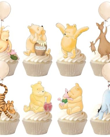 48 Pcs Winnie Cupcake Toppers Classic Pooh Baby Shower Decorations Cute Cake Decorations Oh Baby Newborn Party Favors Boys and Girls First Birthday Supplies