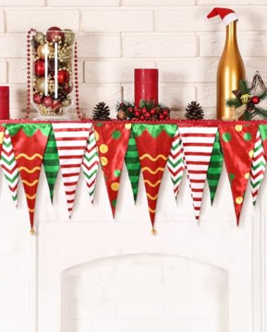 Fanfanwin Christmas Mantel Decor Christmas Mantel Scarf Banner Christmas Red Green Fireplace Mantel Cover Runner Garland Decorations for Xmas Holiday Seasonal Winter Party Supplies, 85 x 25 Inch