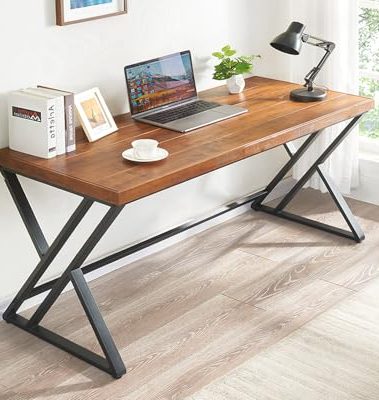 FurniChoi Solid Wood Computer Desk, Modern Real Wood Home Office Desk, Long Rustic Farmhouse Natural Wood Writing Desk, Executive Workstation PC Desk Table for Living Room Bedroom, Brown, 55 inch