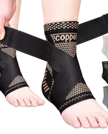 JIUFENTIAN Copper Ankle Brace Adjustable Compression Sleeve (Pair)-Ankle Support Heel Brace for Achilles Tendonitis, Plantar Fasciitis-Eases Swelling and Sprained Ankle(Large)