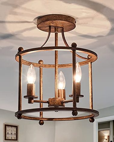 UOFUS 3-Light Farmhouse Vintage Semi Flush Mount Ceiling Light Fixtures in Rustic Bronze Metal Chandelier for Island Living Room Bedroom Kitchen Foyer Laundry Room Entryway Hallway