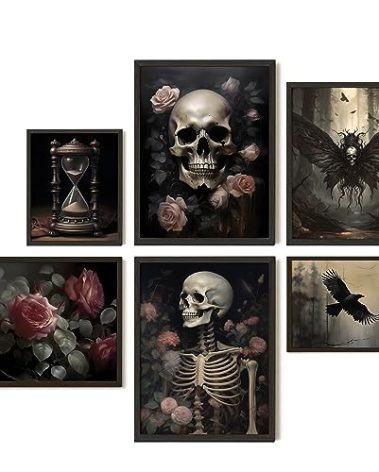 EXCOOL CLUB Gothic Home Decor - 12x16 Dark Academia Gothic Decor, Vintage Goth Wall Decor, Gothic Wall Art Skull Poster, Spooky Gallery Prints Moody Floral Aesthetic Pictures for Bedroom (UNFRAMED)