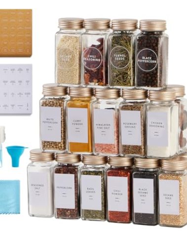 36 Pcs Spice Jars with Label- Glass Spice Jars with Gold Metal Caps,Shaker Lids, Funnel, Chalk Pen, Brush,Cleaning Cloth,Skiileor 4oz Seasoning Containers Bottles for Spice Rack, Cabinet, Drawer