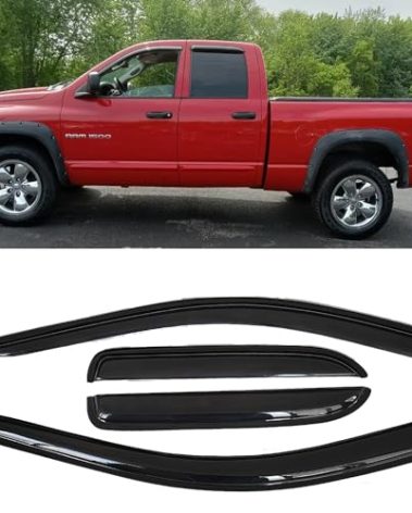 Tape On Side Window Rain Guards Window Visors Vent Deflectors Compatible with Dodge Ram 1500 2002-2008, Dodge Ram 2500 3500 2003-2009, Quad Cab Wind Deflector Smoke 4PCS 94623