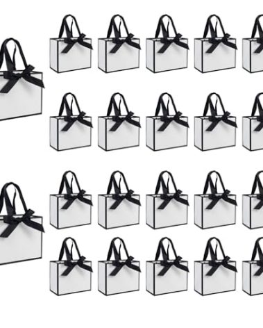 TKSBAG 50 PCS Small White Black Gift Bags with Handles, 6.4×3.1×5.1 Inch Thank You Bags with Bow Ribbon for Baby Shower, Bridal Shower, Wedding, Party Favors, Thanksgiving, Christmas