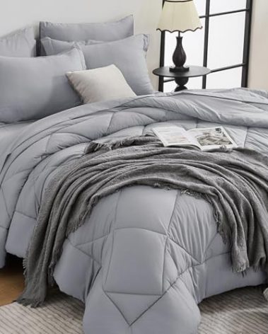 HEVUMYI Light Grey King Comforter Set - 7-Piece All Season Bed in a Bag King, Ultra Soft Bedding Set with Comforter, Flat Sheet, Fitted Sheet, Pillowcases, Pillow Shams, Light Gray