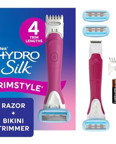 Schick Hydro Silk TrimStyle Razor with Bikini Trimmer for Women | 2-in-1 Bikini Razor for Women and Womens Trimmer for Pubic Hair, Includes 1 Waterproof Handle, 3 Refills & 1 AAA Battery
