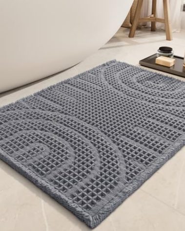 AMOAMI Waffle Bath Mat,Super Absorbent Bath Mats for Bathroom,Non Silp Machine Washable Bathroom Rugs,Soft Bath Rugs with Tassels Front of Bathtub, Sink, Grey 17"x27"