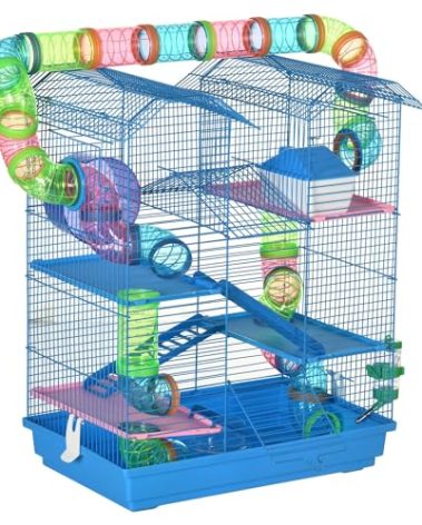 PawHut 18.5" 5 Tier Hamster Cage with Tubes and Tunnels, Small Animal Cage, Rat Gerbil Cage with Water Bottle, Food Dish, Exercise Wheel, Blue