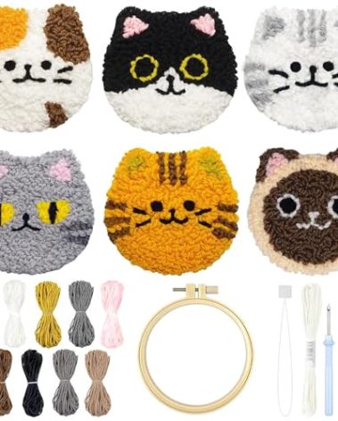 Morledoa Punch Needle Coasters Kit, Punch Needle Kits Adults Beginner, Cat Coasters Kit with Adhesive Felt, Yarns, Embroidery Hoop, Instruction