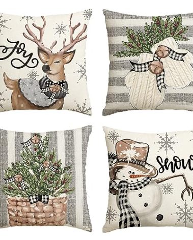 AVOIN colorlife Christmas Snowman Reindeer Gloves Eucalyptus Throw Pillow Covers, 18 x 18 Inch Winter Holiday Stripes Cushion Case Decoration for Sofa Couch Set of 4
