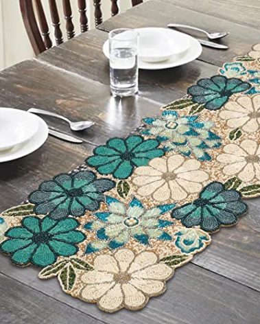 lightnpro Chrtistmas Beaded Table Runner, Christmas Table Runner, Rustic Farmhouse Hand Beaded Runner to Decorate Xmas Wedding Family Party Thanksgiving Dinner Table Décor - 13x36 Inch - Teal Combo