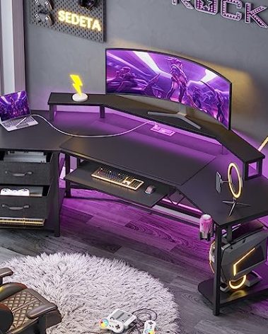 SEDETA 79" Gaming Desk, Computer Desk with 2 Fabric Drawers & LED Light, L Shaped Gaming Desk with Storage Shelf for Home Office, Carbon Fiber Black