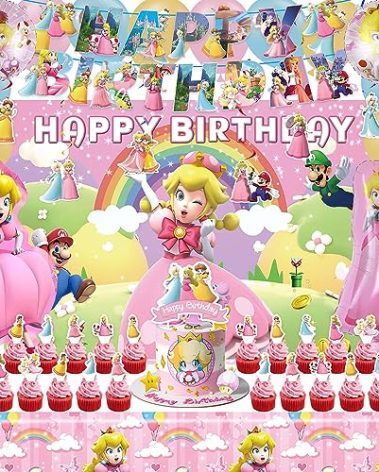 Princess Peach Birthday Party Supplies, Princess Peach Party Favors, Princess Peach Party Decorations Include Banners, Backdrop, Hanging Swirls, Balloons, Cake Decoration, Cupcake Toppers, Tablecloth