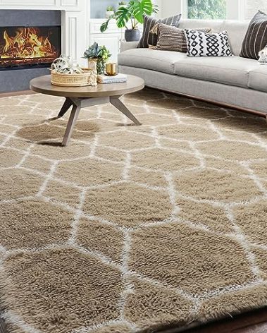 ONASAR Large Area Rugs for Living Room, Fluffy 7x10 Beige and White Thick Floor Rug for Bedroom Home Decor Aesthetic, Soft Fuzzy Shaggy Plush Geometric Carpet for Kids Teen Dorm Classroom Office