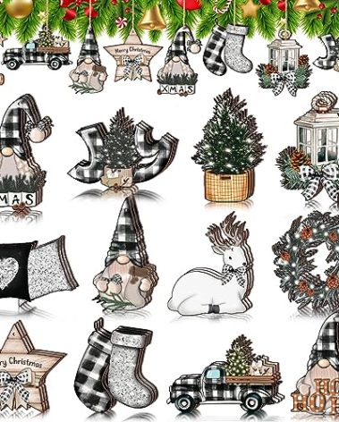 Huwena 36 Pcs Christmas Wooden Ornaments Buffalo Plaid Christmas Decorations for Tree Snowman Gnomes Poinsettia Flowers Truck Wreath Wood Cutouts Tags with Ropes Winter Decor for Xmas Tree Gifts