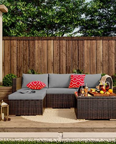 Qsun Outdoor Patio Sofa Set PE Wicker Rattan Sectional Conversation Sofa with a Glass Coffee Table for Backyard Porch Poolside Patio(Brown Rattan, Grey Cushion)