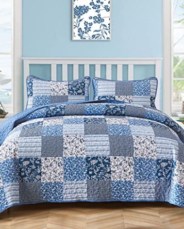 Mybedsoul Blue Boho Quilt Set King Size,3 Pieces Plaid Floral Bedspread Coverlet Set for All Season,Patchwork Reversible Bedding Set King 90"x104"